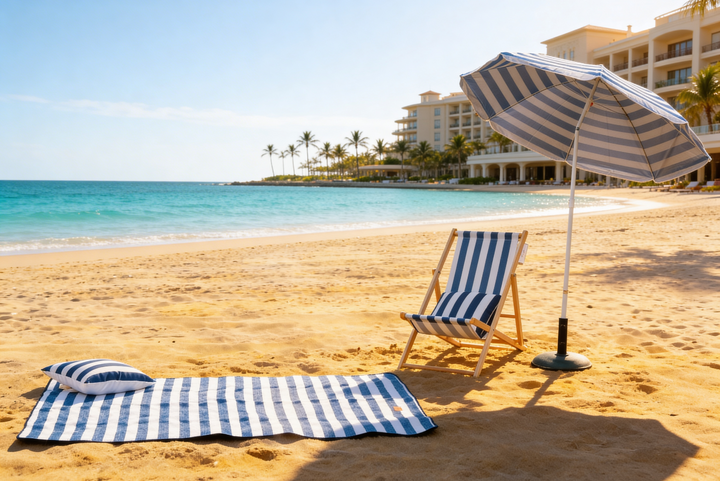 Parasol Umbrella with Deck Chair & Picnic Mat