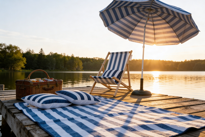 Parasol Umbrella with Deck Chair & Picnic Mat