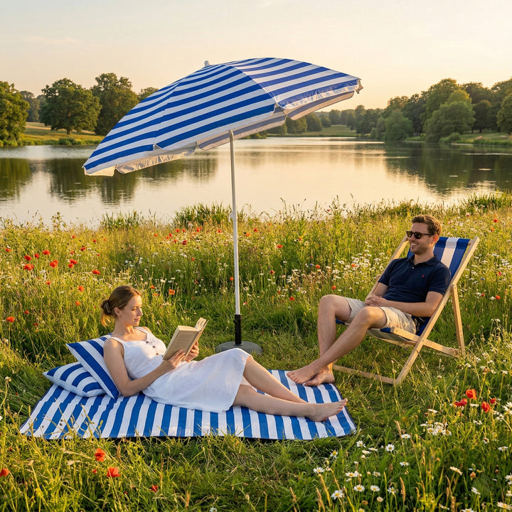 Parasol Umbrella with Deck Chair & Picnic Mat