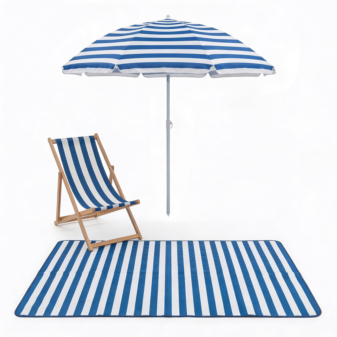 Parasol Umbrella with Deck Chair & Picnic Mat