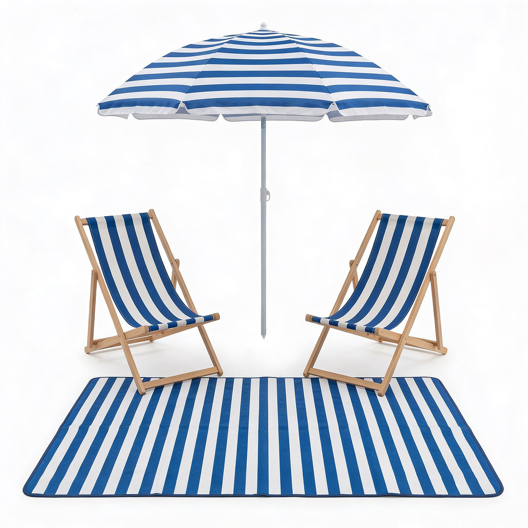 Parasol Umbrella with Two Deck Chairs + Picnic Mat