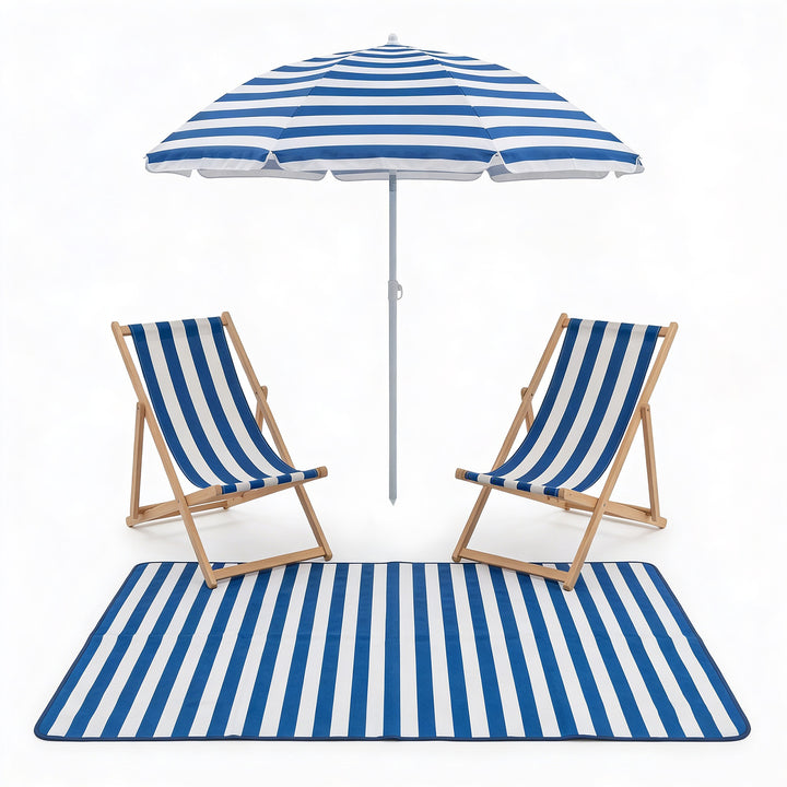 Parasol Umbrella with Two Deck Chairs + Picnic Mat