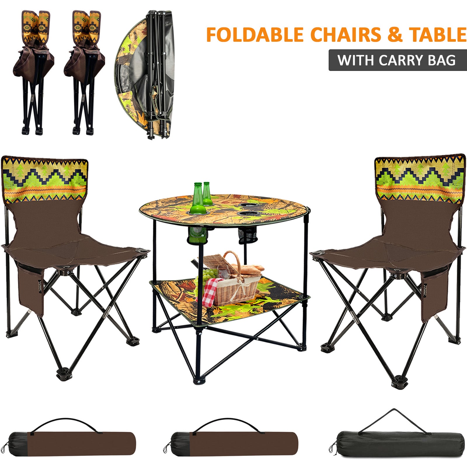 3Pc Foldable Camping Table & Chair Set Folding